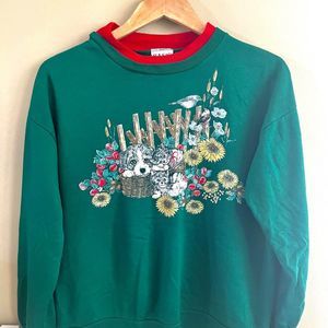 Vintage Puppy Kitty Bird Flower Basic Editions Crewneck Sweatshirt Size M
